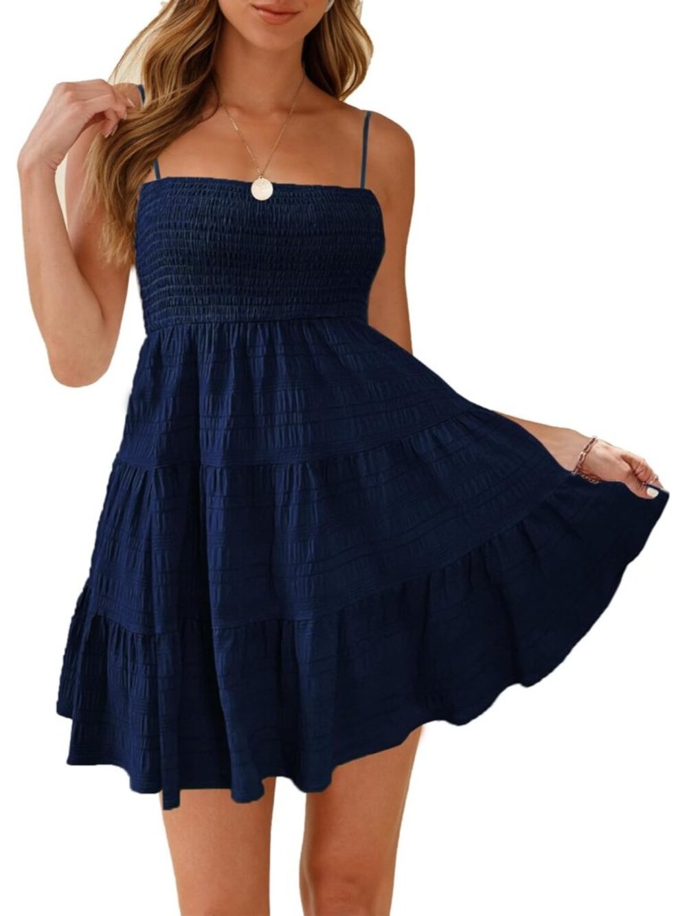 Women's Navy Spaghetti Strap Sleeveless Smock Cami Mini Dress Summer Flowy Boho